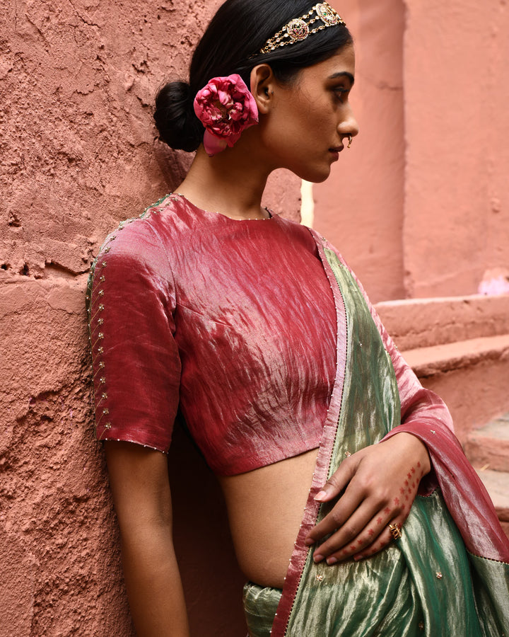 green metallic saree with color block blouse