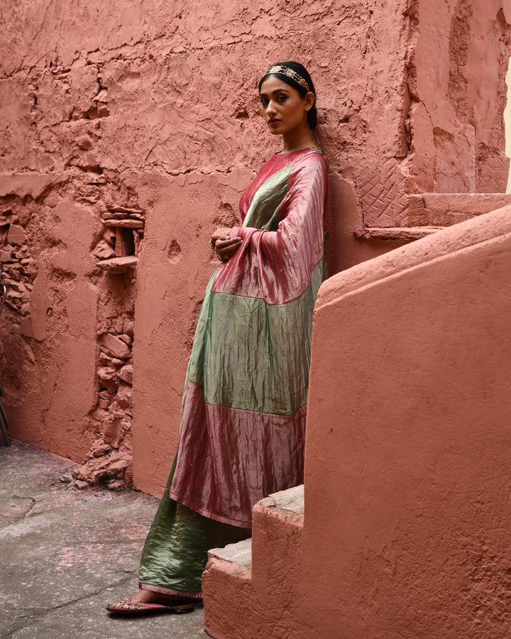 green metallic saree with color block blouse