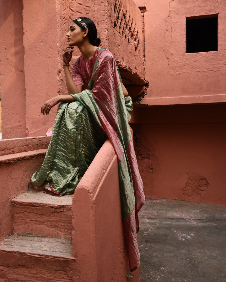 green metallic saree with color block blouse