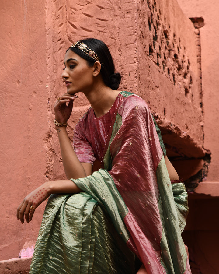 green metallic saree with color block blouse