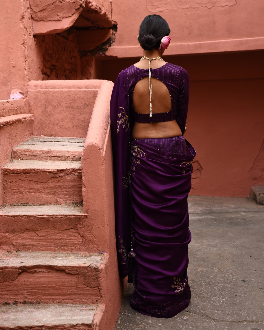 aubergine half and half saree with blouse