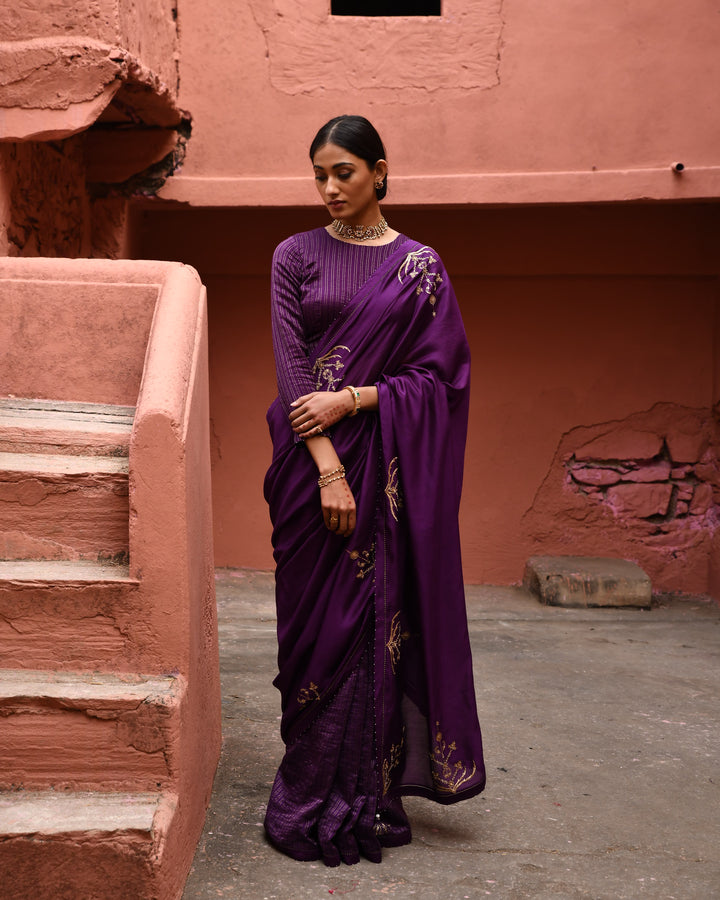 aubergine half and half saree with blouse