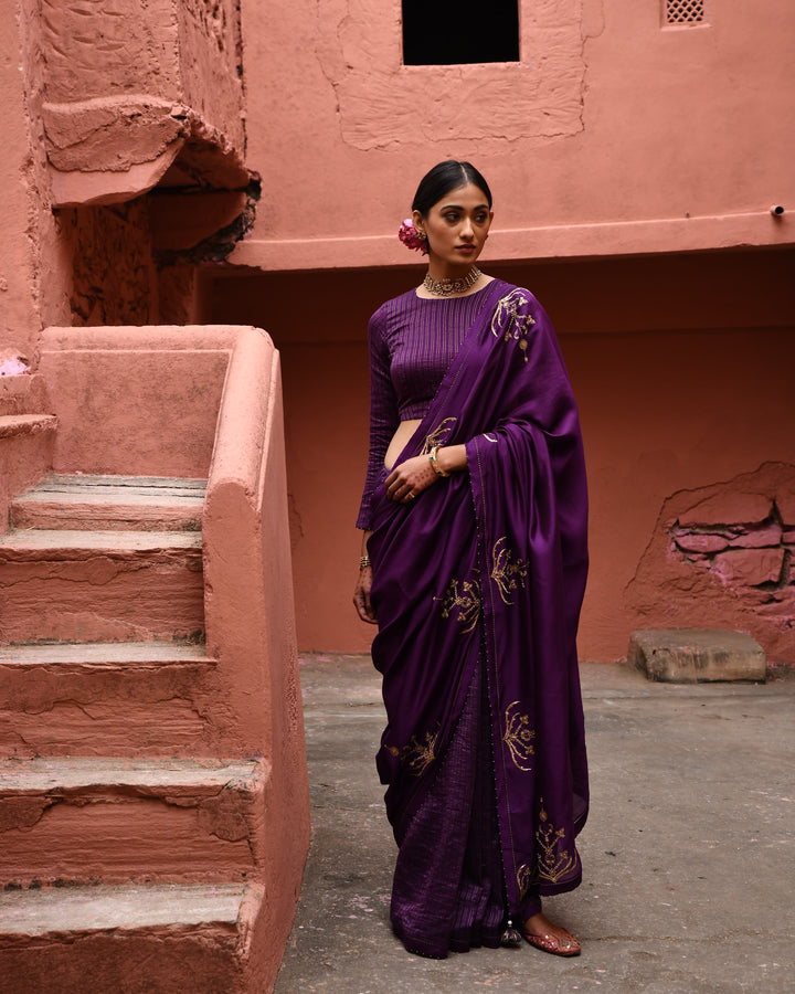 aubergine half and half saree with blouse
