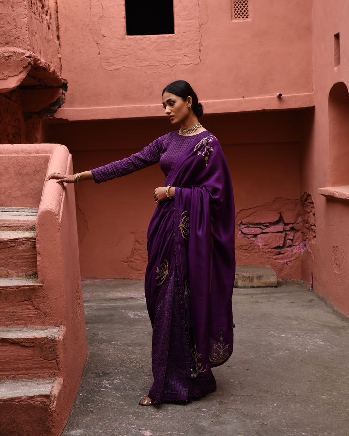 aubergine half and half saree with blouse