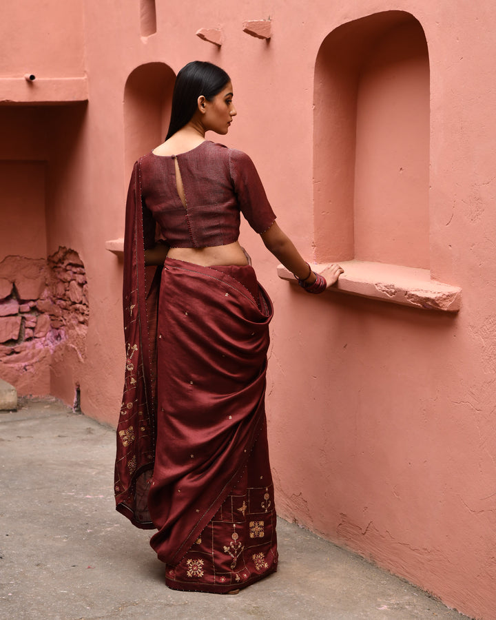 mahogany hand embroidered saree with brown blouse