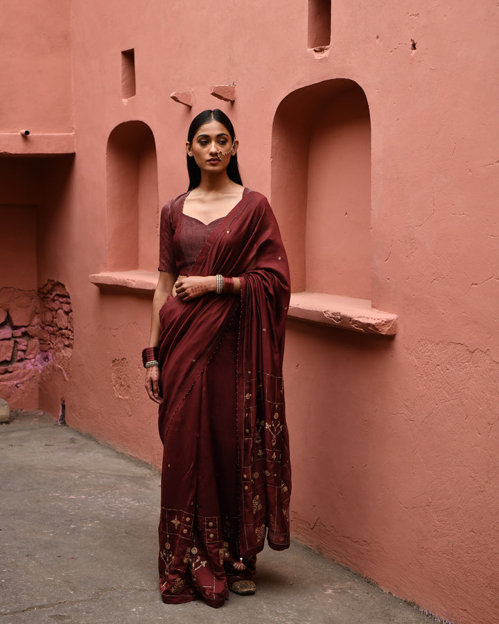 mahogany hand embroidered saree with brown blouse