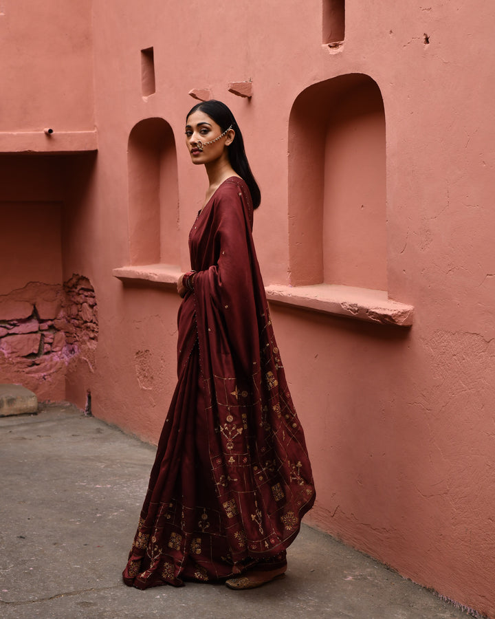 mahogany hand embroidered saree with brown blouse
