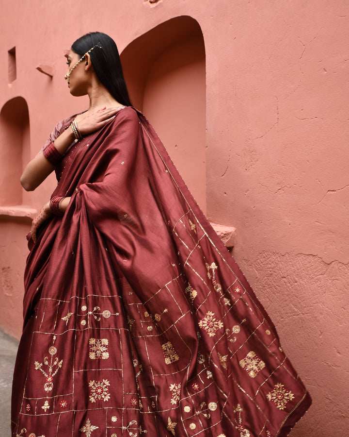 mahogany hand embroidered saree with brown blouse