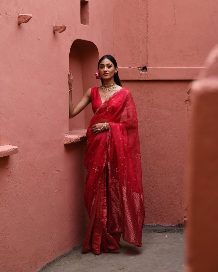 vermillion half and half saree with blouse