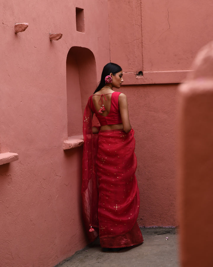vermillion half and half saree with blouse