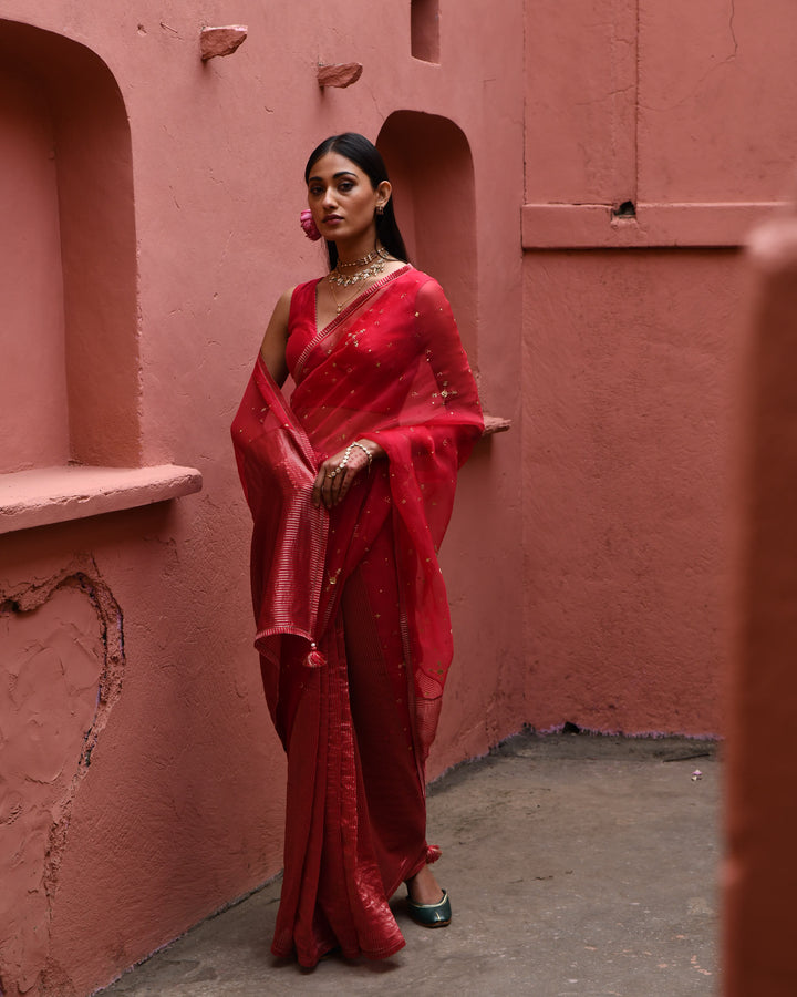 vermillion half and half saree with blouse