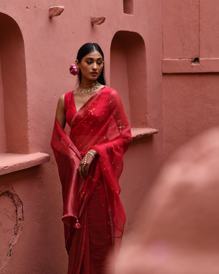 vermillion half and half saree with blouse