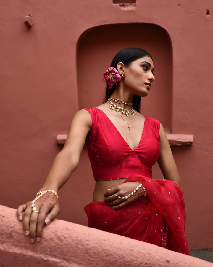 vermillion half and half saree with blouse