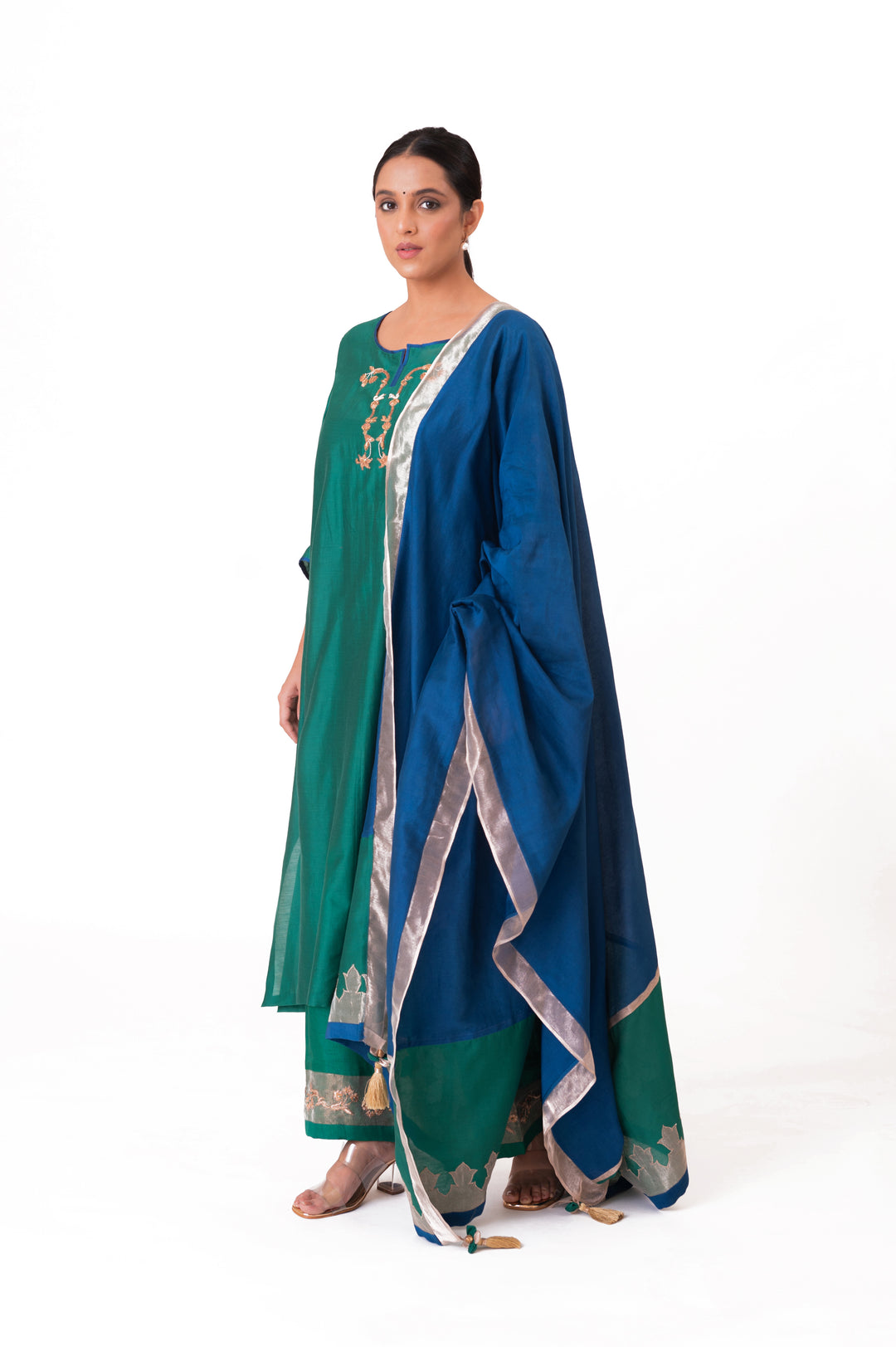 Tissue Patched Dupatta Dual Color Kurta Set