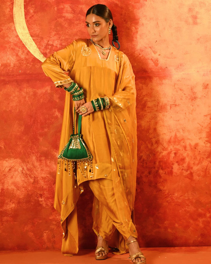 Mahi Mustard Asymmetric Kurta Set With Coord Dupatta