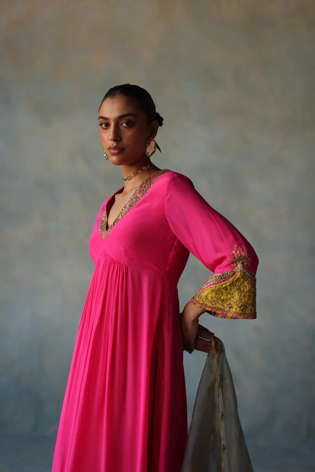 Gul Hot Pink Bell Sleeve Crepe Kurta Set