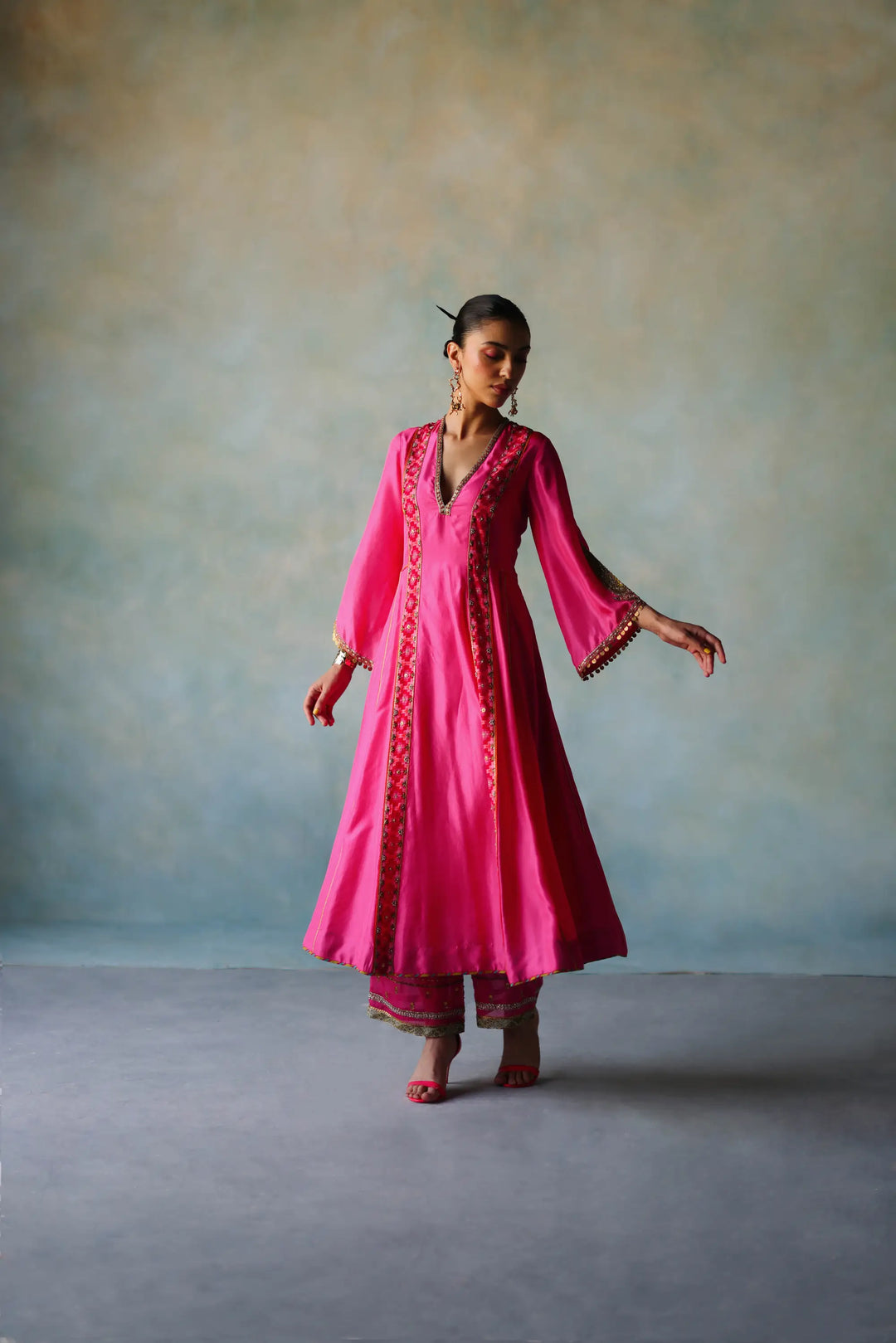 Gul Hot Pink Side Kali Silk Kurta Set