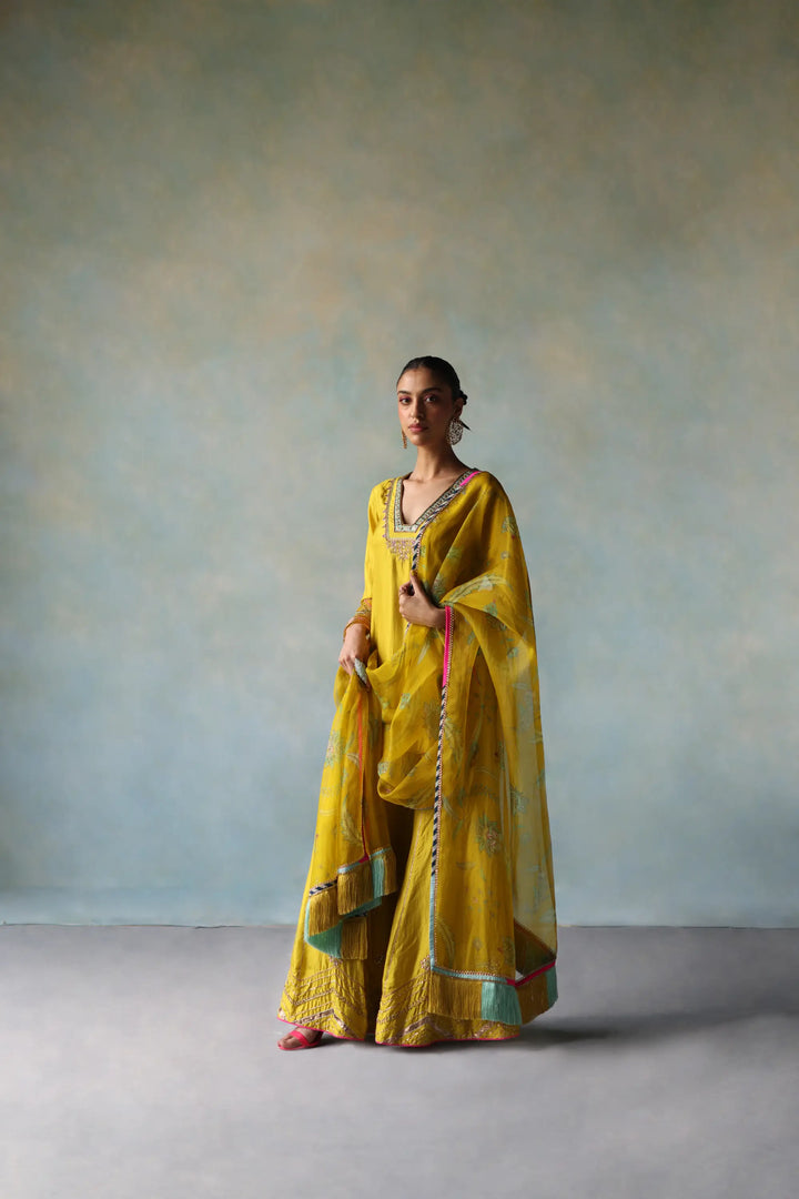  Gul Lime Yellow Silk Sharara Set