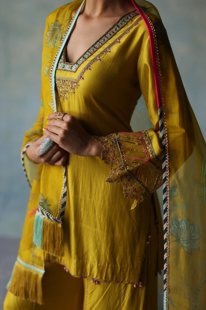  Gul Lime Yellow Silk Sharara Set