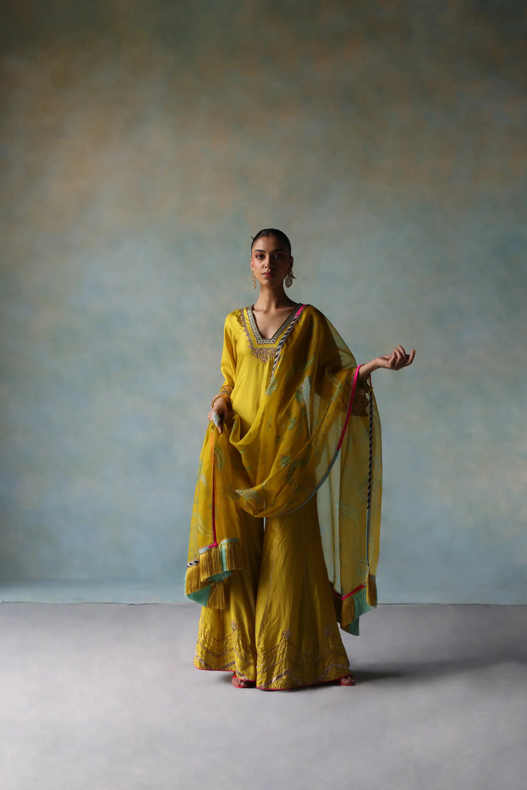  Gul Lime Yellow Silk Sharara Set