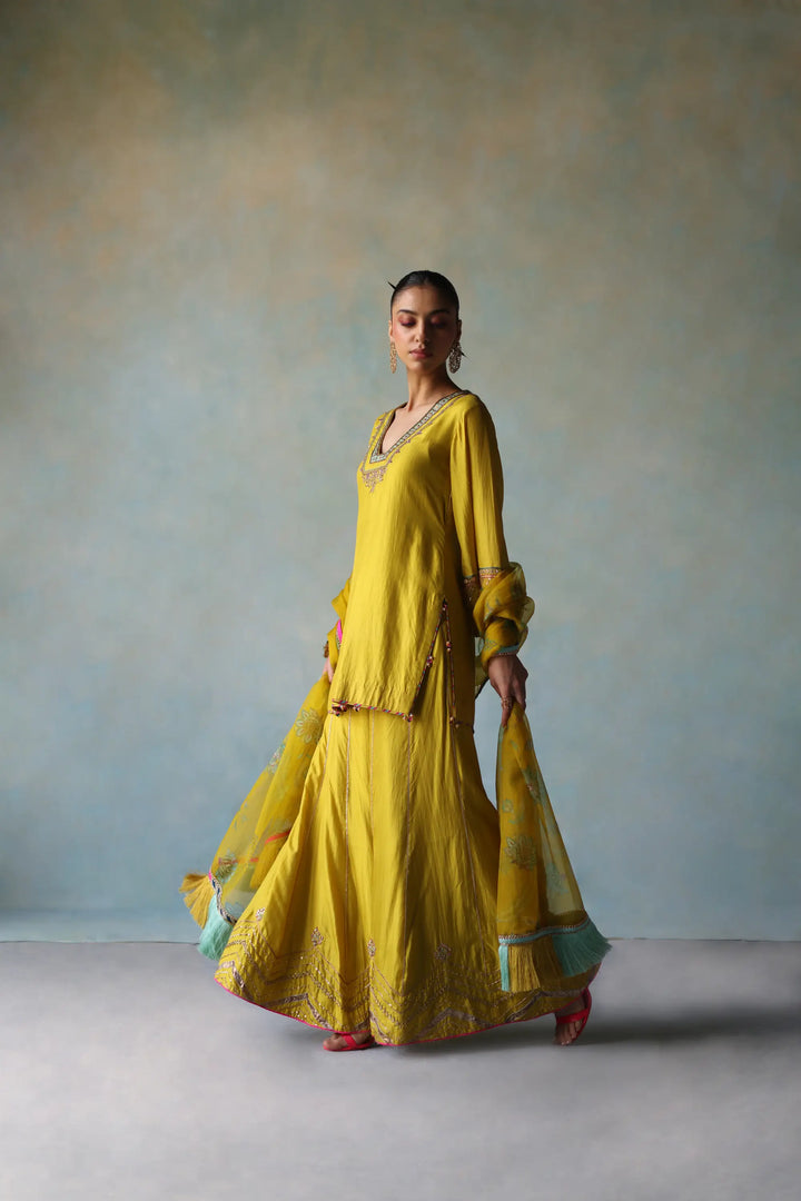  Gul Lime Yellow Silk Sharara Set