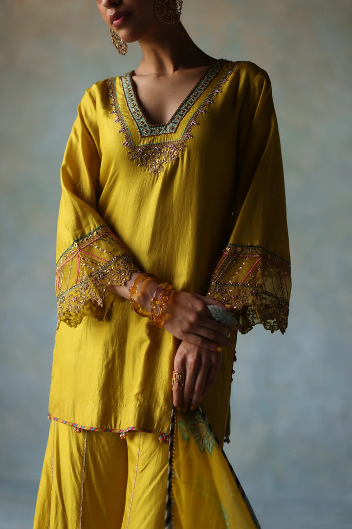  Gul Lime Yellow Silk Sharara Set