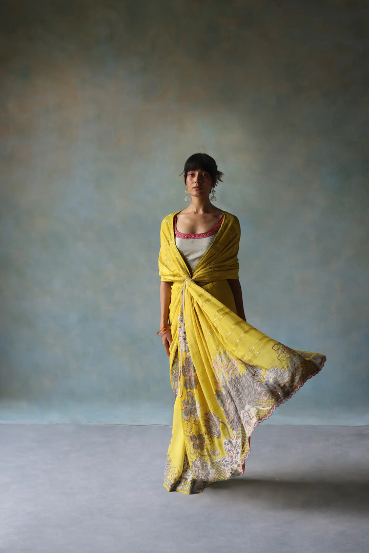 Gul Yellow Printed Stripe Crepe Sari