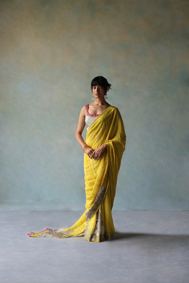 Gul Yellow Printed Stripe Crepe Sari