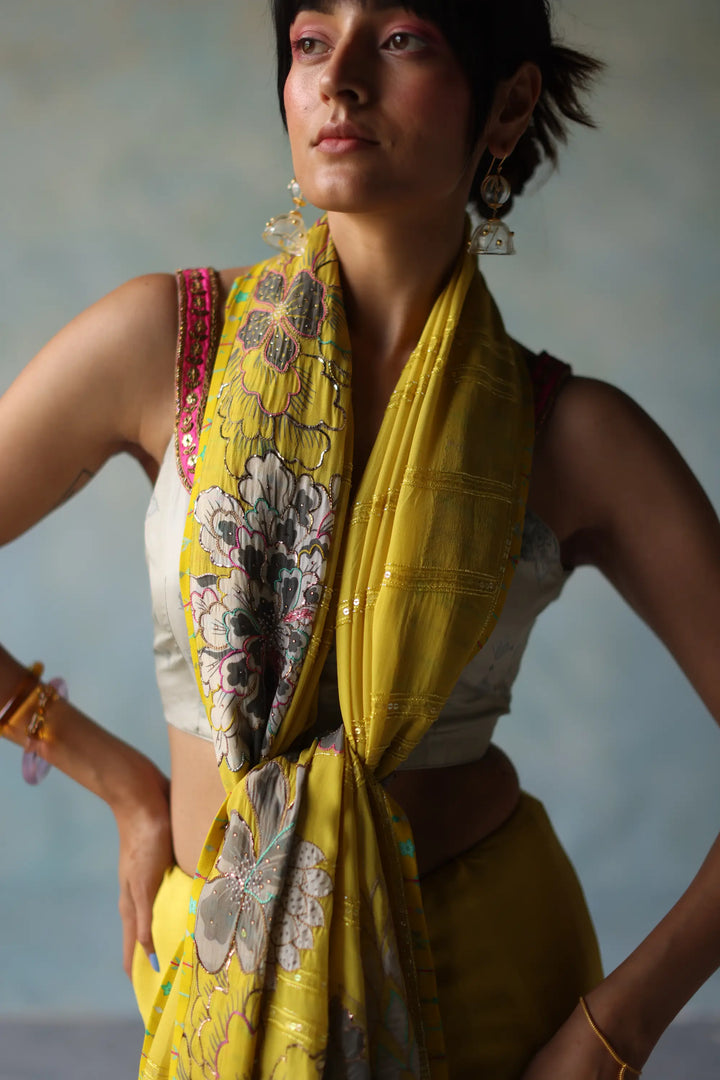 Gul Yellow Printed Stripe Crepe Sari