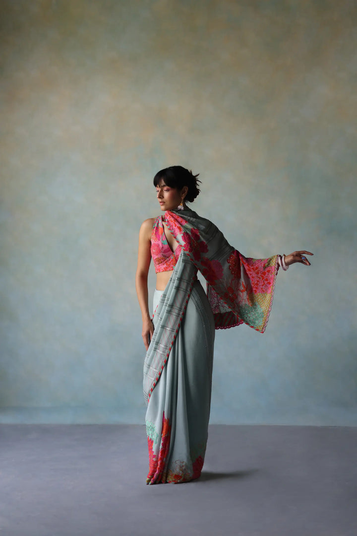 Gul Ice Blue Printed Stripe Crepe Sari