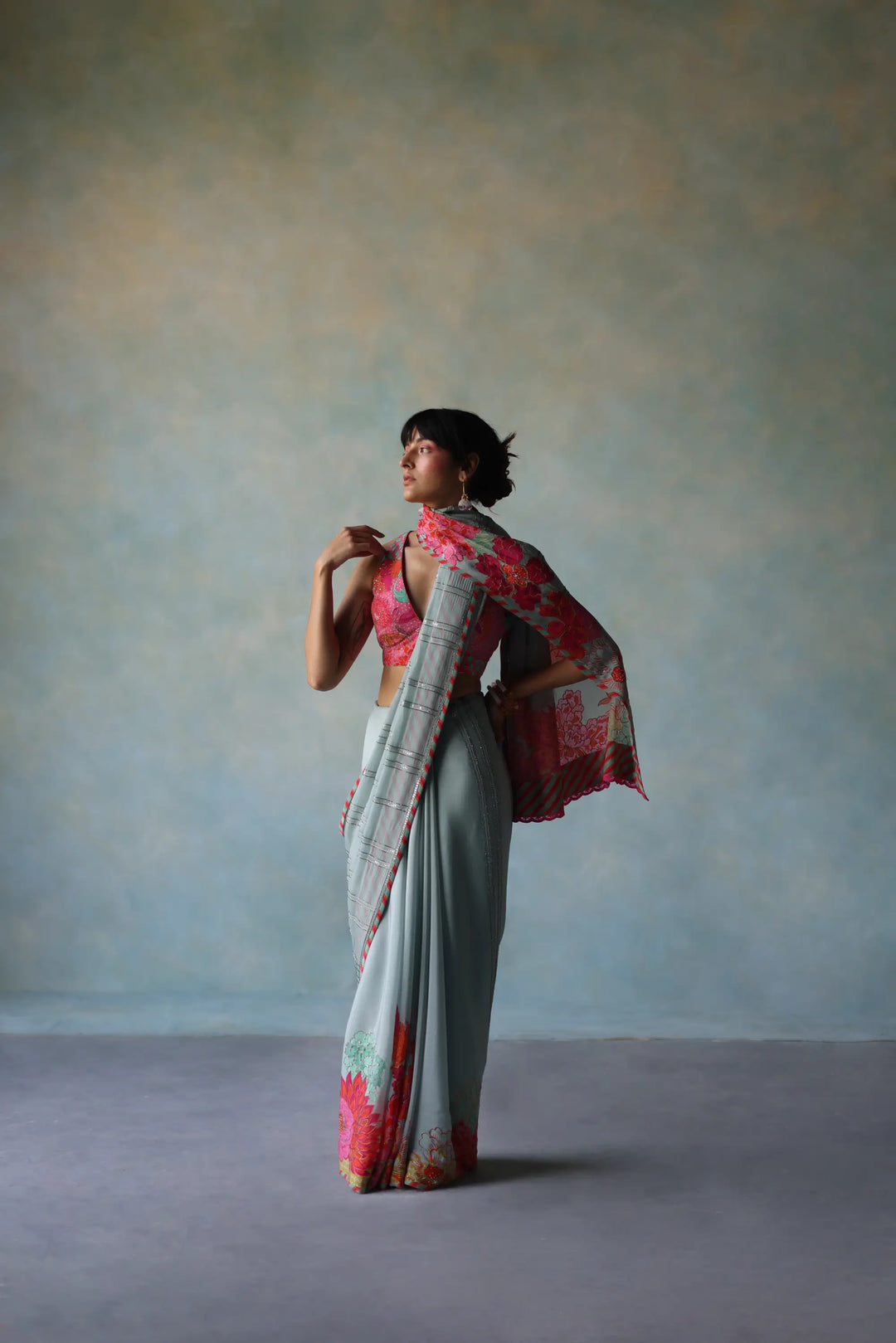 Gul Ice Blue Printed Stripe Crepe Sari