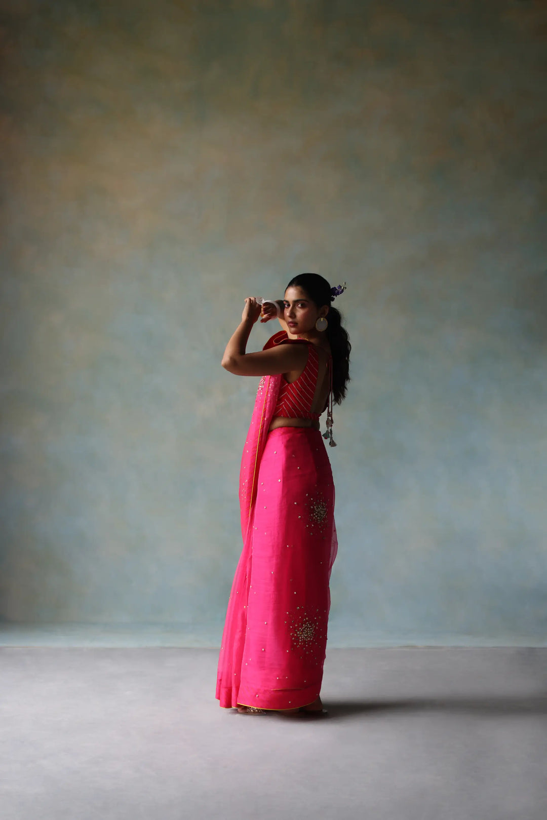 Gul Hot Pink Sequin Flower Sari