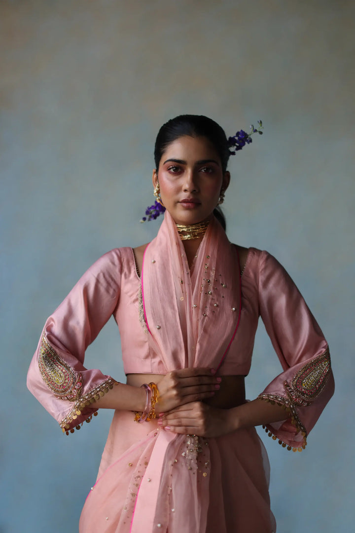 Gul Nude Pink Sequin Flower Sari