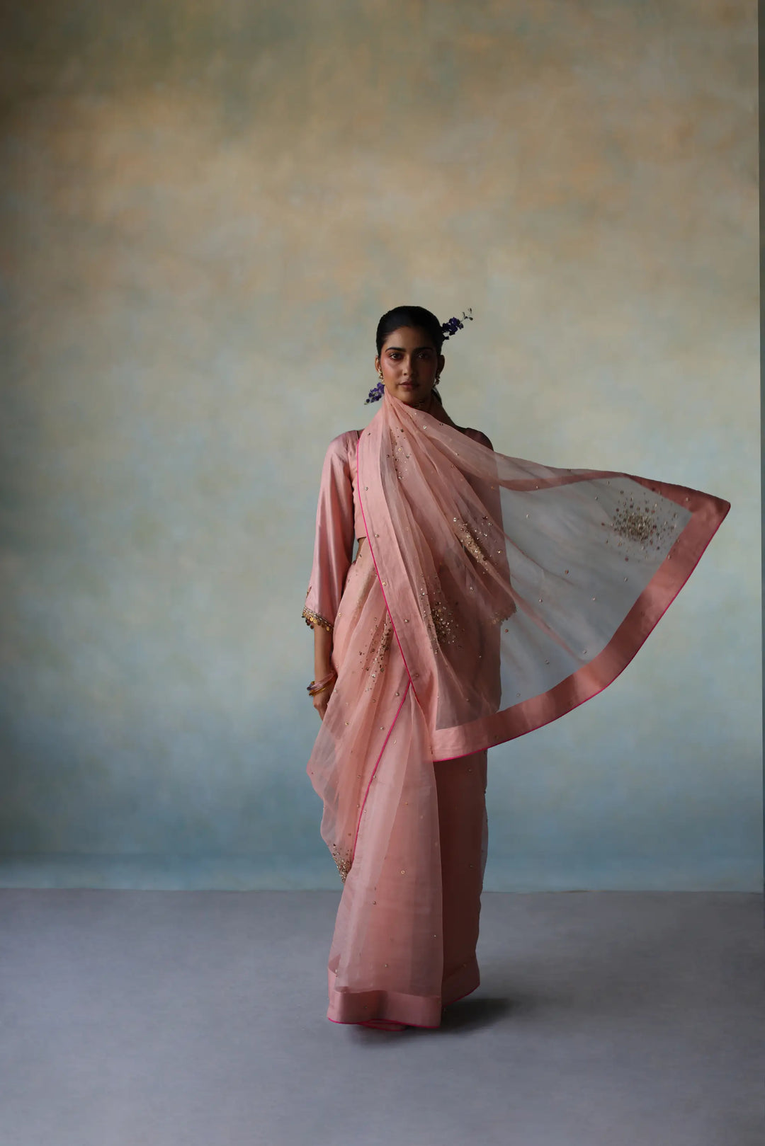 Gul Nude Pink Sequin Flower Sari