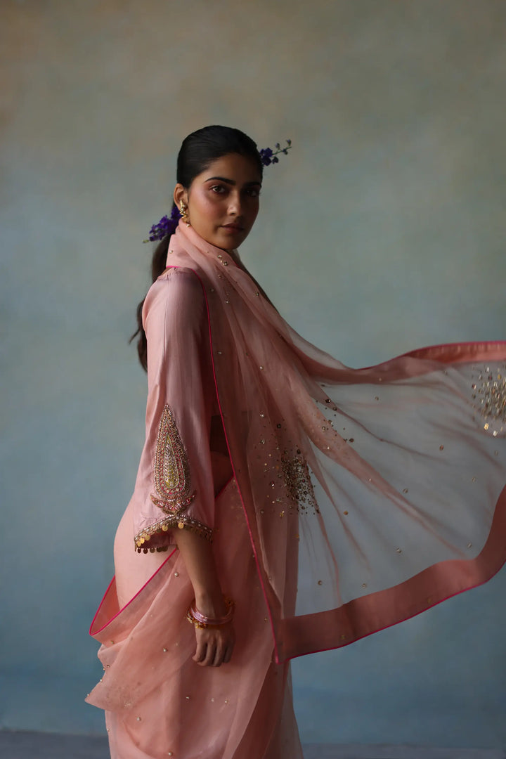 Gul Nude Pink Sequin Flower Sari