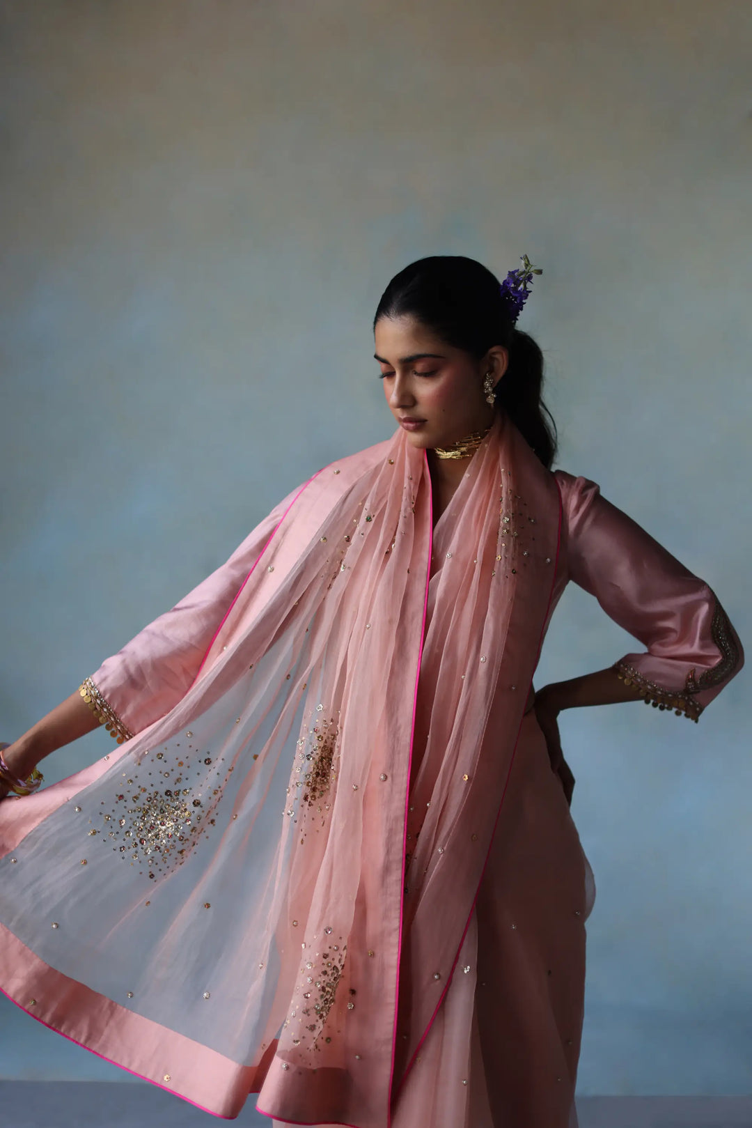 Gul Nude Pink Sequin Flower Sari