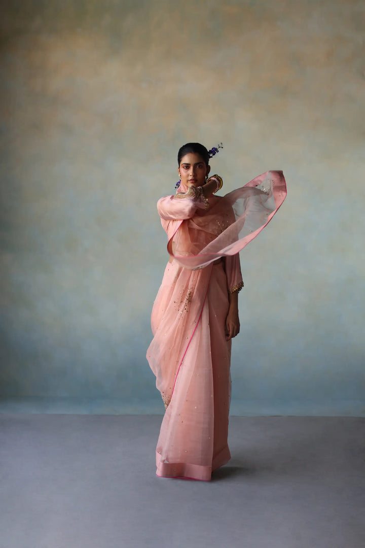 Gul Nude Pink Sequin Flower Sari