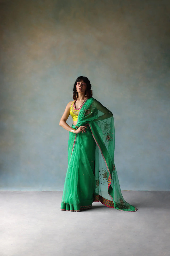 Gul Green Sequin Flower Sari