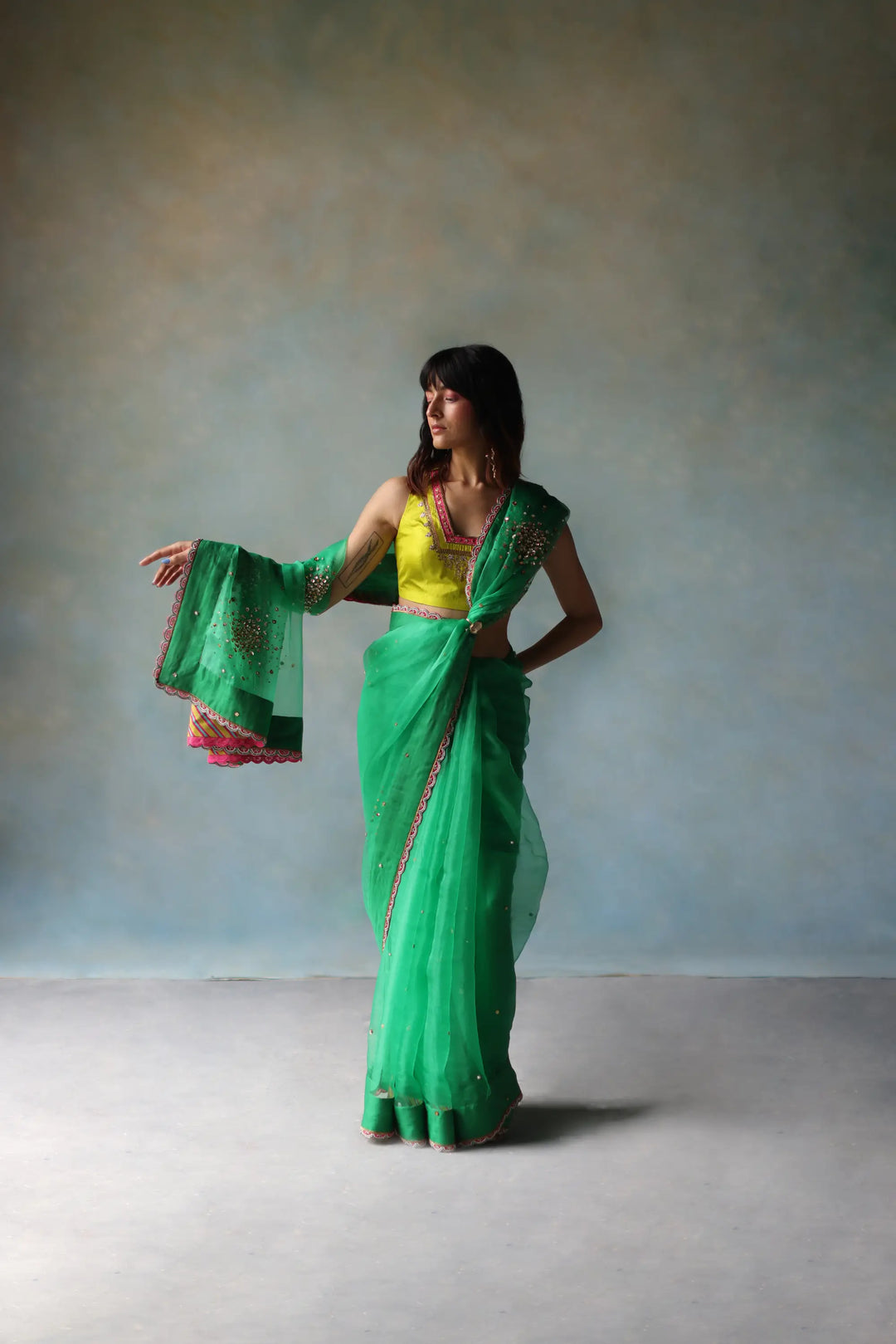 Gul Green Sequin Flower Sari