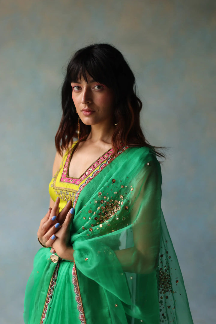 Gul Green Sequin Flower Sari