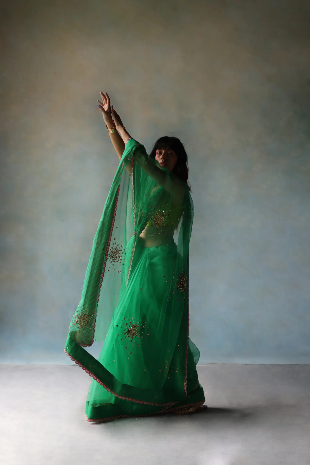 Gul Green Sequin Flower Sari