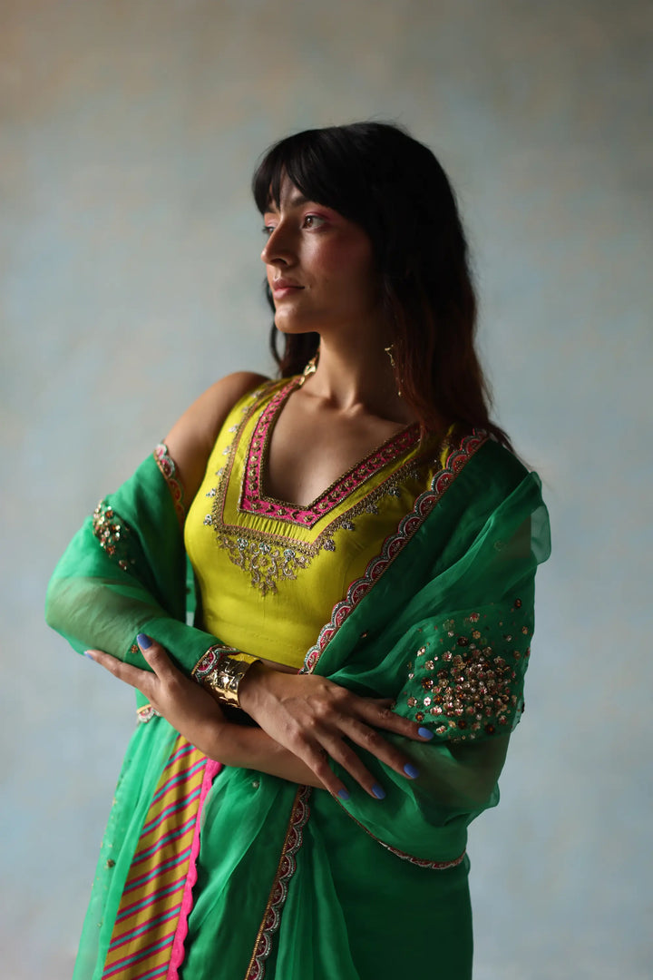 Gul Green Sequin Flower Sari