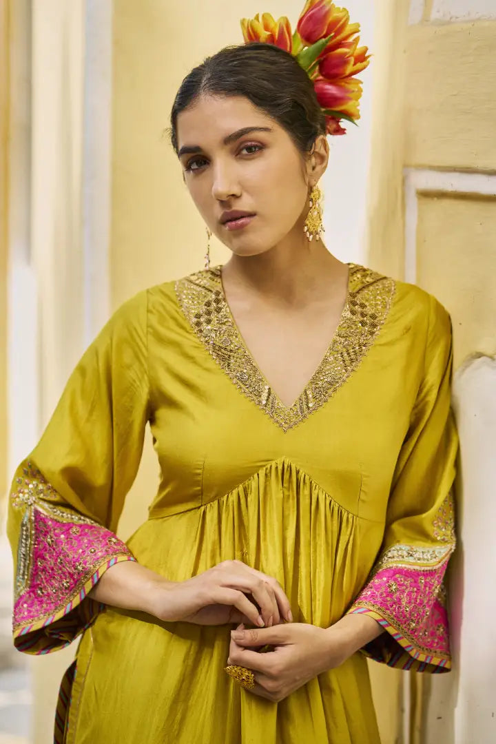 Gul Lime Yellow Bell Sleeve Crepe Kurta Set