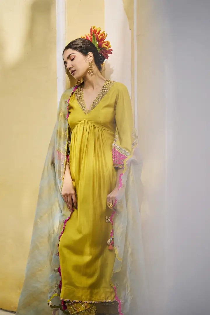 Gul Lime Yellow Bell Sleeve Crepe Kurta Set