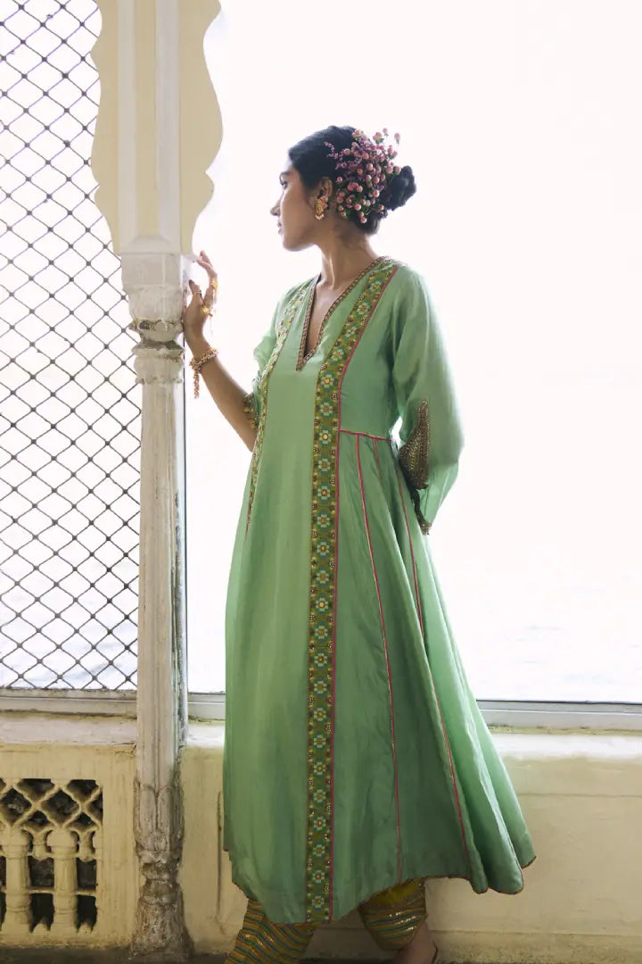 Gul Sage Green Side Kali Silk Kurta Set