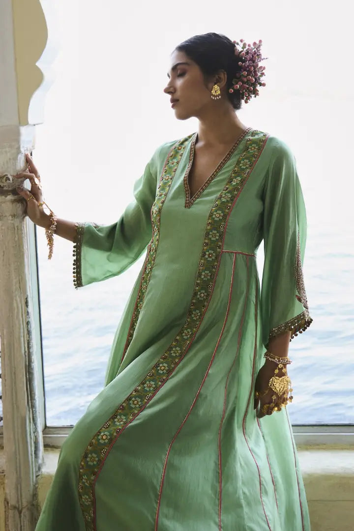 Gul Sage Green Side Kali Silk Kurta Set