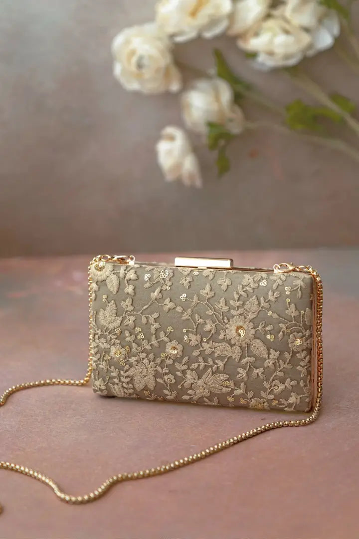 Grey Embroidered Box Clutch