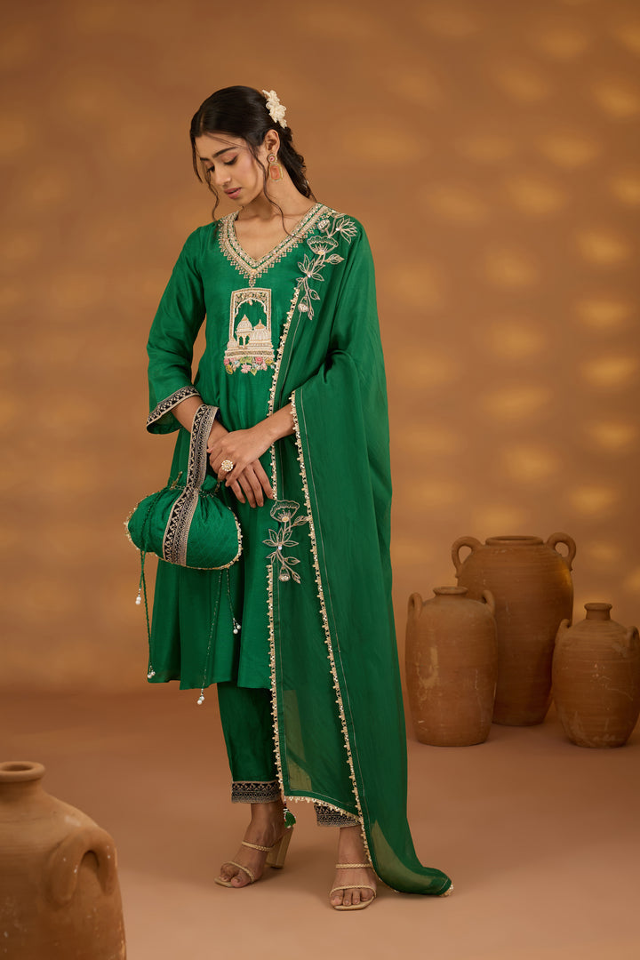 green silk embroidered kurta set with dupatta