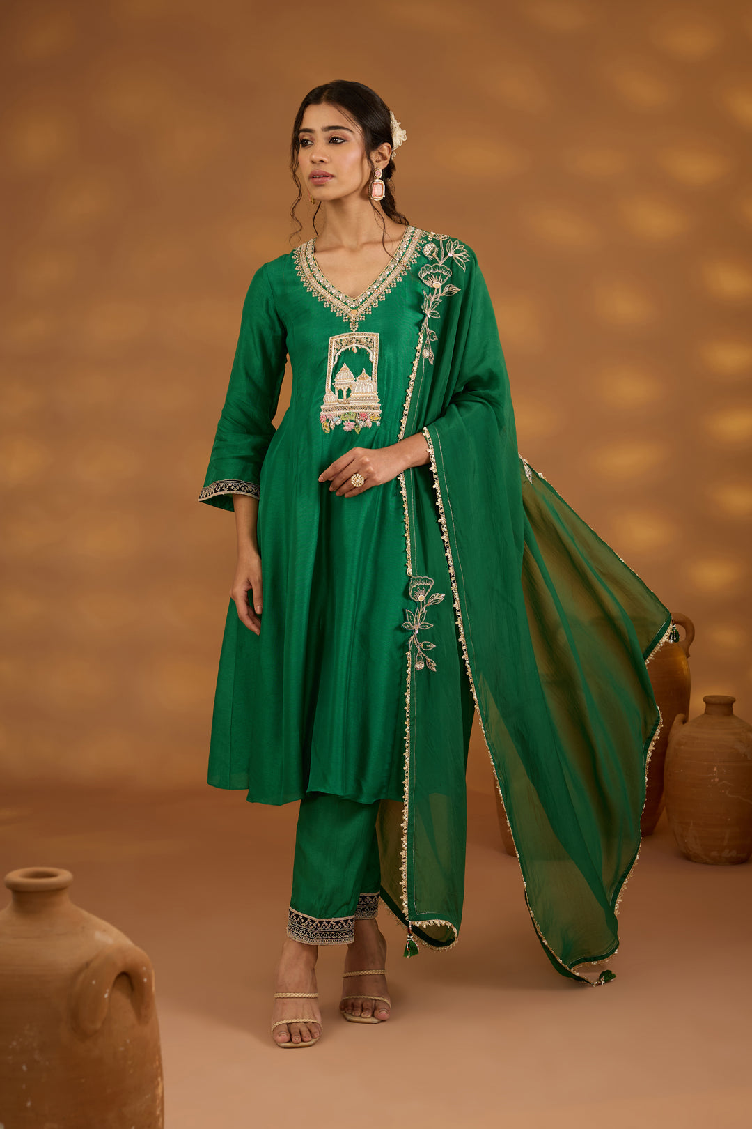 green silk embroidered kurta set with dupatta