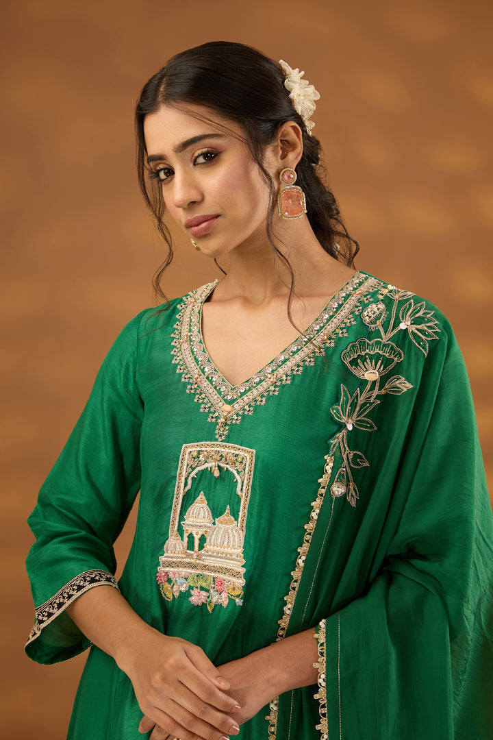 green silk embroidered kurta set with dupatta